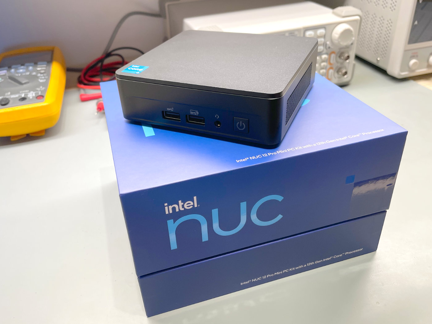 The NUC 12 Pro sitting atop its box.