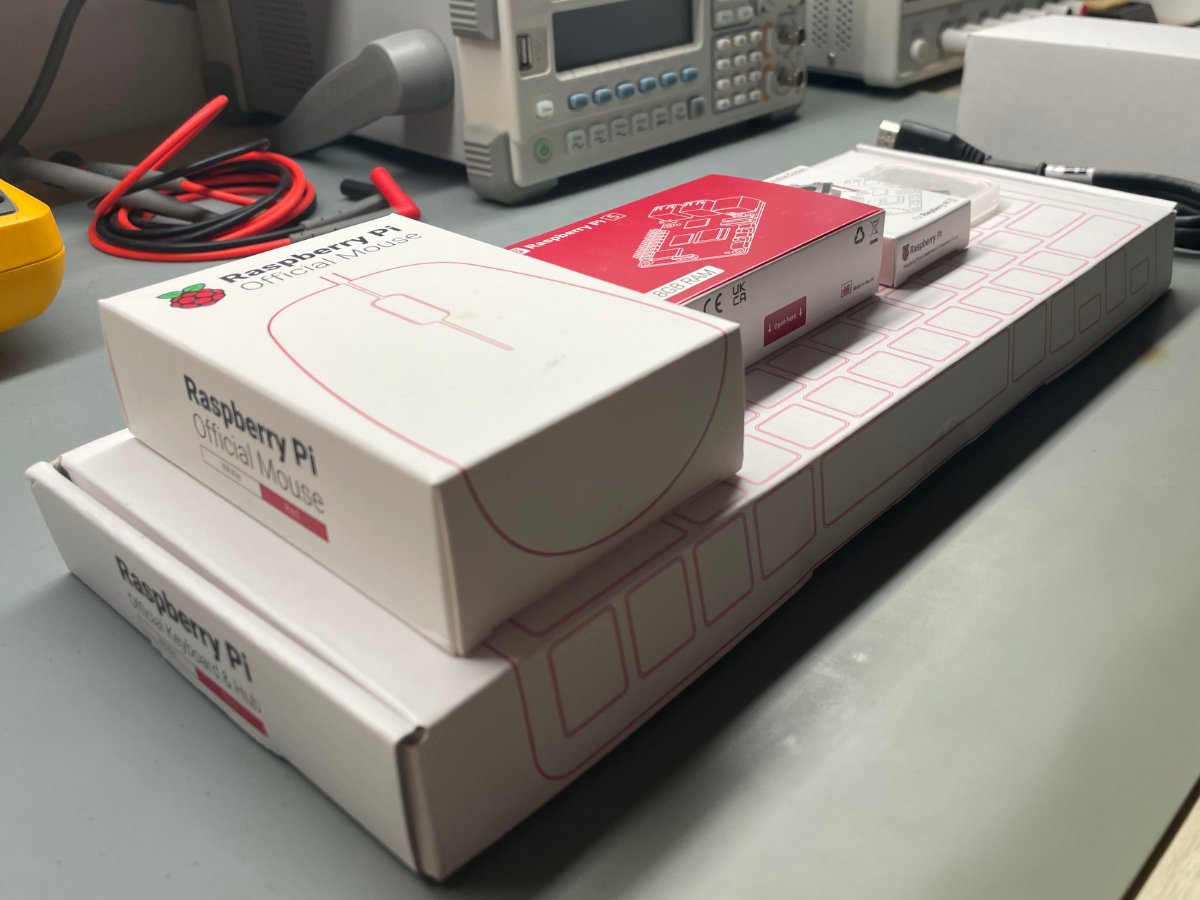 Various boxes containing the Raspberry Pi 5 and accessories for the SBC.