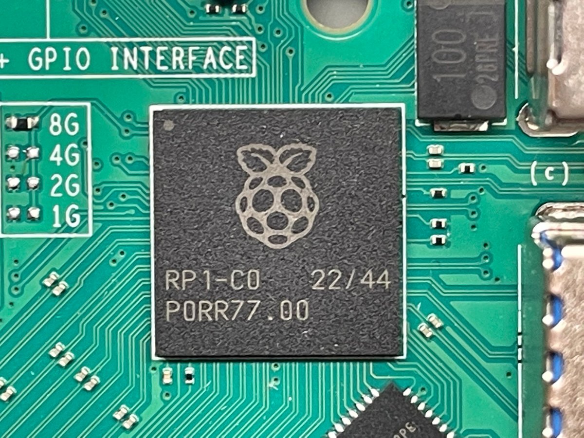 A photo of the Raspberry Pi 5’s RP1 southbridge chip.